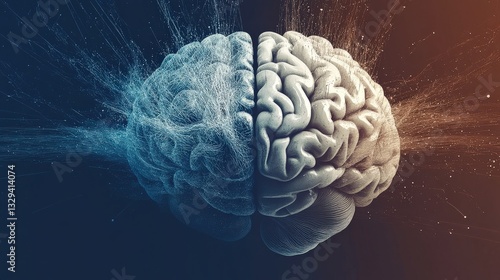 An artistic depiction of a human brain split into two halves, representing creativity and logic depicted through flowing lines and vibrant colors.
