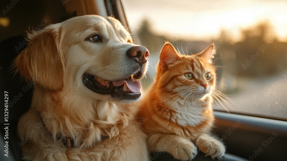 Happy golden retriever dog and cat travel with their family on their holiday trip.