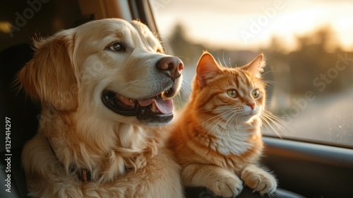 Obraz na płótnie Happy golden retriever dog and cat travel with their family on their holiday trip. w salonie