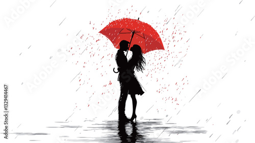 The image is a minimalist illustration depicting a silhouetted couple kissing under a large red umbrella during a rainstorm.  The style is graphic and stylized, with the figures rendered in solid