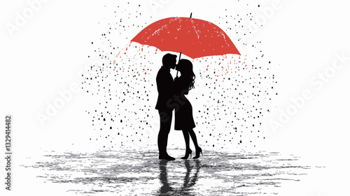 The image is a stylized illustration depicting a silhouette of a man and a woman kissing under a large red umbrella.  They are standing in a downpour of rain, which is shown as small, scattered