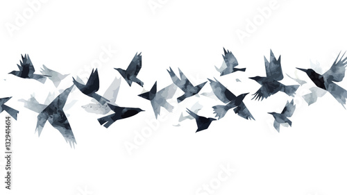 An illustration depicting a flock of birds in flight against a white background. The birds are rendered in shades of black and grey, with a watercolor or painterly style.  The image is stylized,