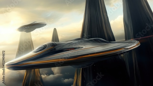 Two sleek and mysterious UFOs hover in a cosmic sky, surrounded by tall, dark spires. This image evokes a sense of wonder and exploration of alien worlds.