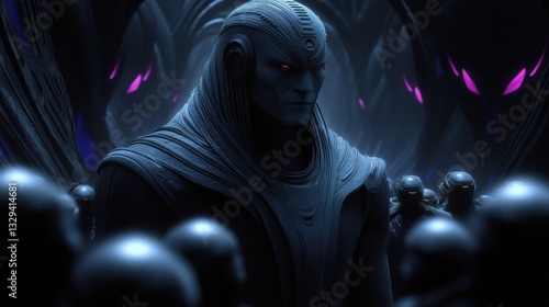 A dominant figure amid robotic entities in a dark, high-tech environment evokes themes of power, control, and the interplay between humanity and technology in a future world.