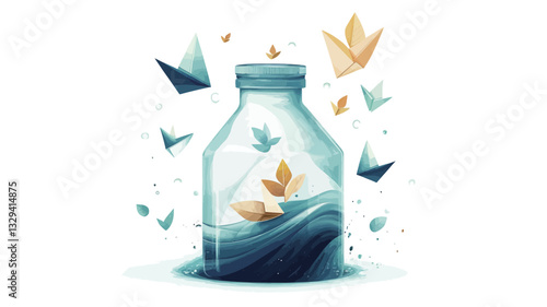 A digital illustration depicting a glass bottle containing stylized blue water and several small origami paper boats.  The boats are primarily blue and gold/yellow.  More origami boats, in similar