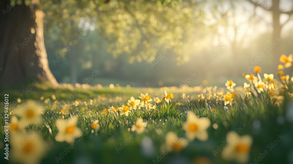 Fototapeta premium Vibrant Yellow Daffodil Flowers Blooming in a Sunlit Meadow with Soft Morning Light