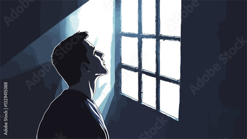 Digital illustration depicting a stylized silhouette of a man looking upwards towards a brightly lit window. The overall color palette is dark, with strong contrast between the bright light source
