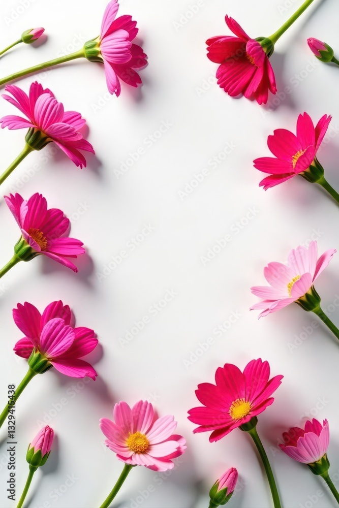A vibrant collection of various pink flowers arranged artfully on a bright white background , pretty, floral arrangement, beauty A vibrant collection of various pink flowers arranged artfully on a bright white background , pretty, floral arrangement, beauty