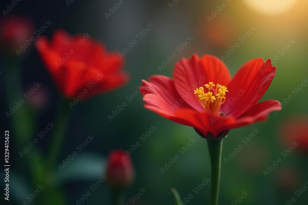 A vibrant red flower on a slender stem against a blurred background, garden, botany, stem A vibrant red flower on a slender stem against a blurred background, garden, botany, stem