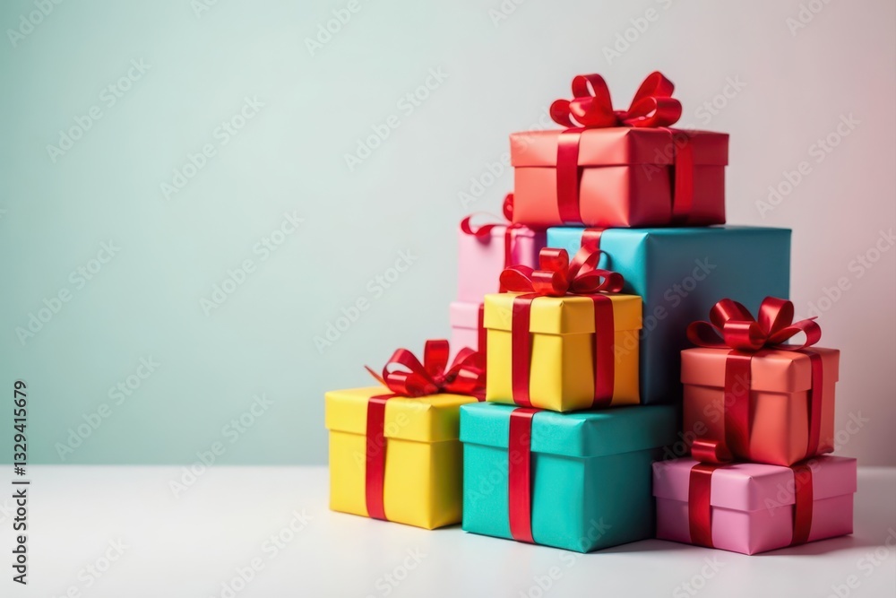 A vibrant stack of wrapped gifts, adorned with red bows , brightly colored, celebration, bow A vibrant stack of wrapped gifts, adorned with red bows , brightly colored, celebration, bow
