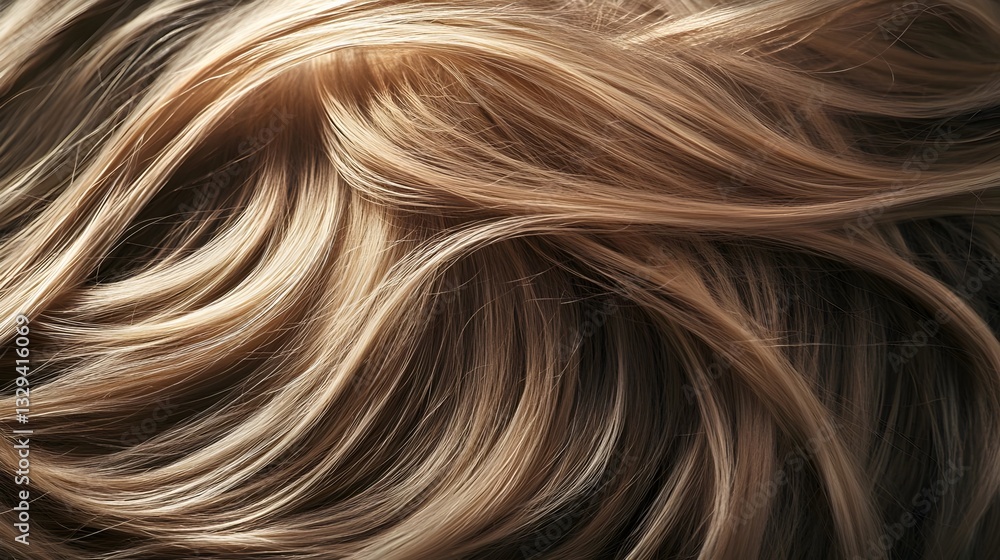 Naklejka premium A realistic close-up photo of a balayage hairstyle, semi-blonde hair. represents Hair Beauty and Styling, professional hair coloring, salon-quality hair care and the elegance of balayage, beauty.