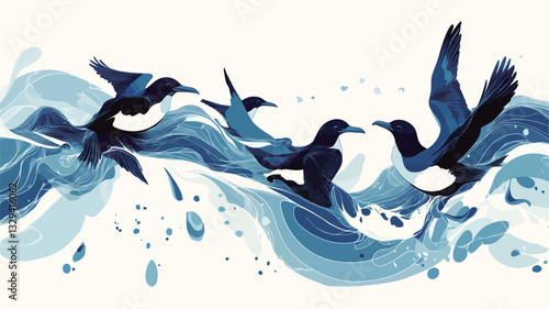 The image is an abstract illustration featuring stylized birds in flight above swirling blue water. The birds are depicted in silhouette, with varying shades of blue used to create a sense of