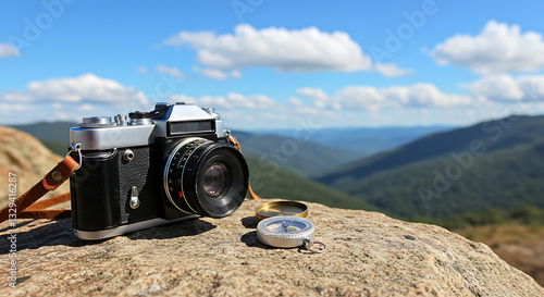 Camera and compass on a hiking trip
