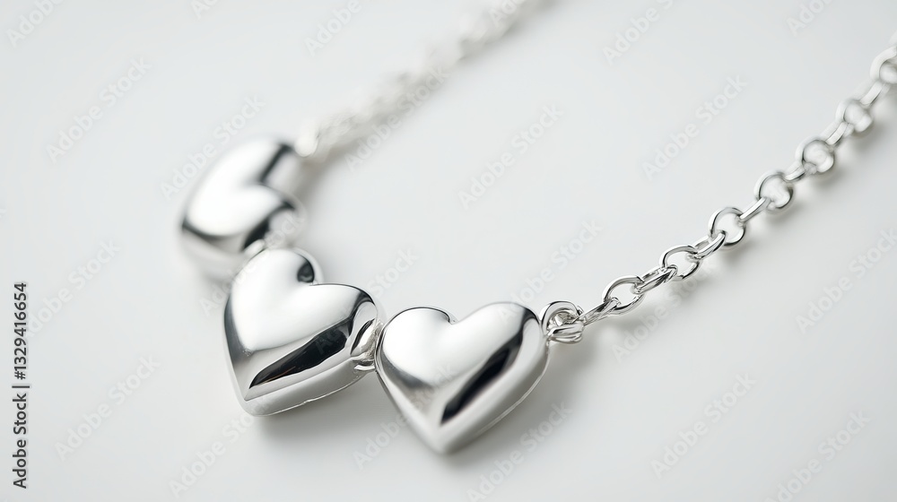 A silver necklace with heart-shaped pendants, presented against a white background A silver necklace with heart-shaped pendants, presented against a white background