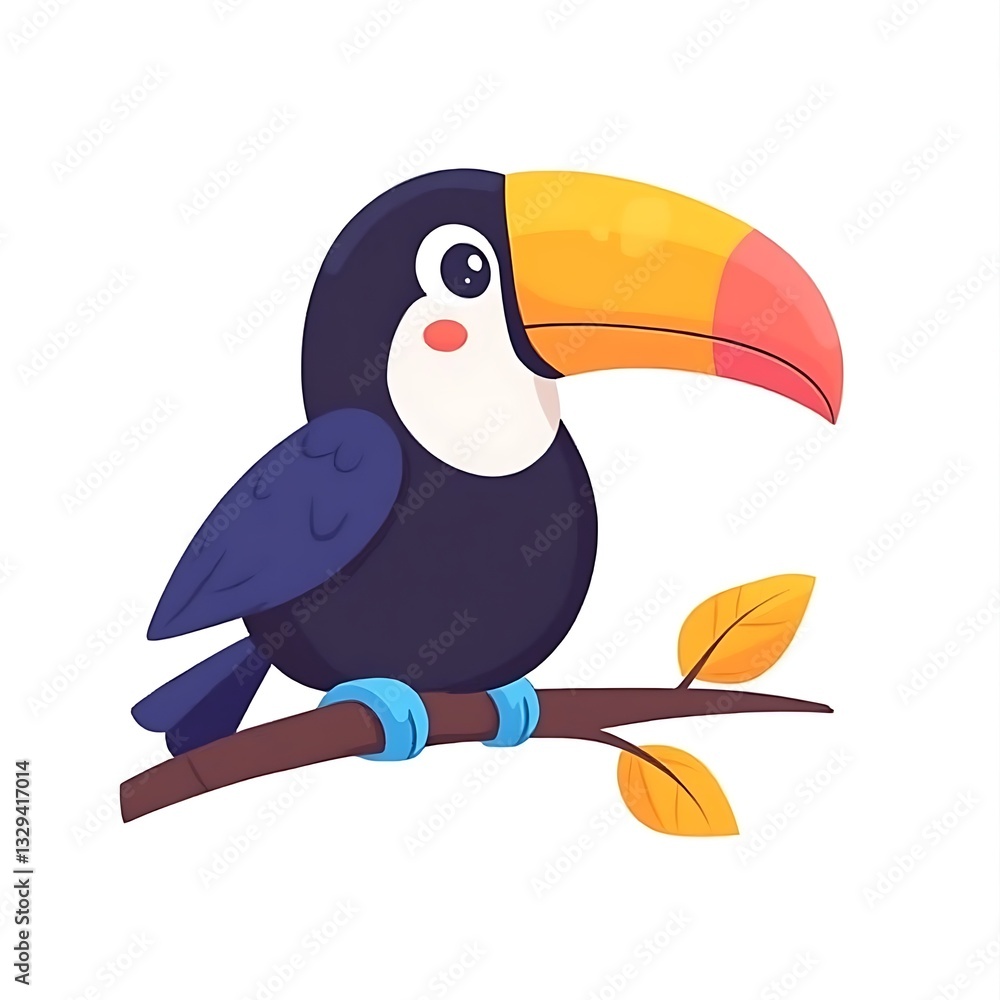 Fototapeta premium Adorable Cartoon Toucan Bird on Branch, Cute Jungle Animal Illustration