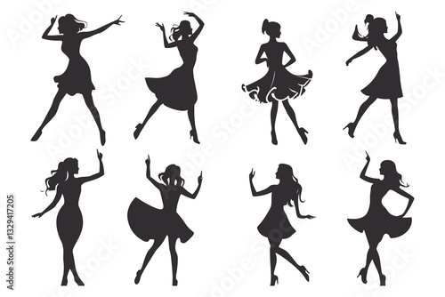 Dancing Women black silhouettes, Vector silhouettes of girls dancing in different positions high quality silhouettes isolated on white background