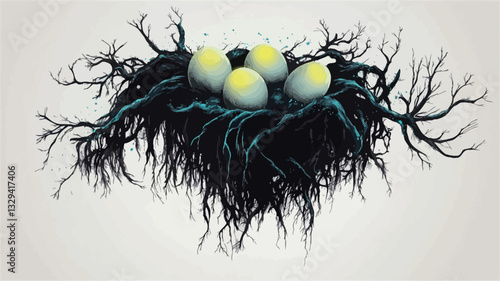 Digital illustration depicting a bird's nest constructed from dark, intricately detailed branches and roots.  The nest contains several eggs, some glowing yellowish, others a darker shade. The