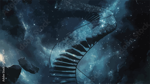 The image presents a digitally created, abstract representation of a spiral staircase ascending into a dark blue cosmic background.  The staircase is rendered with a detailed texture, appearing