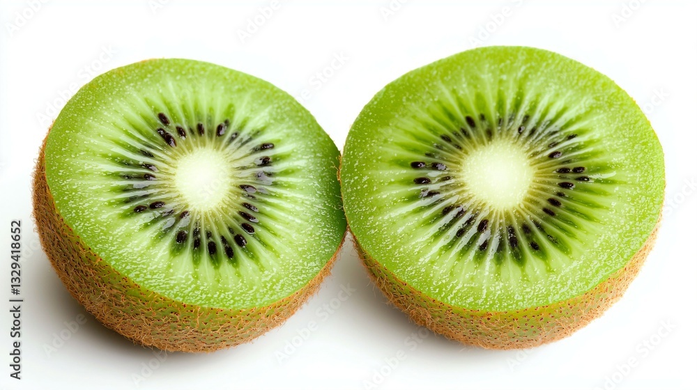 Fresh Kiwi Halves with Vibrant Green Texture and Seeds, Isolated on White Background Fresh Kiwi Halves with Vibrant Green Texture and Seeds, Isolated on White Background