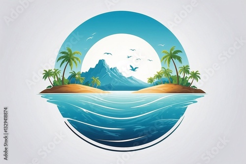 Minimalist Logo Featuring a Paradise Island in the Middle of the Ocean in a Circle on a White Background
