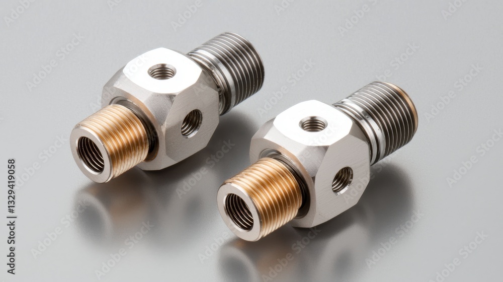 Two metallic threaded connectors on a reflective surface Two metallic threaded connectors on a reflective surface