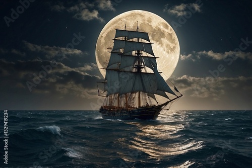 Sailing Ship in the Ocean Against the Backdrop of a Full Moon, Creating a Gloomy Atmosphere with Stunningly Beautiful Sails