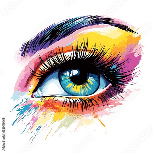 Abstract Colorful Eye Illustration Vibrant Makeup, Artistic Eyelashes, Splash Design