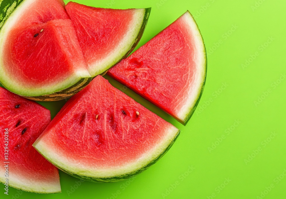 Ripe Red Watermelon Slices on Green Background Ripe Red Watermelon Slices on Green Background