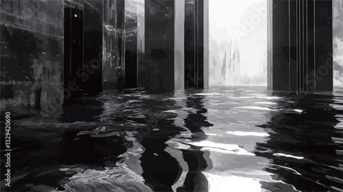 A monochromatic photograph depicting the interior of a flooded building.  The image shows several large columns or pillars partially submerged in murky water. The water reflects light and shadows,