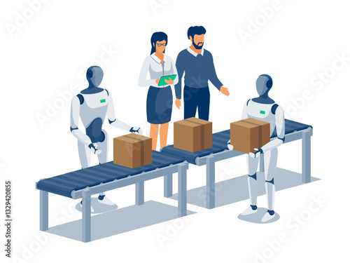 Humanoid robots working on assembly line. Industrial robot manipulating parcel on conveyor belt table. Robotic production workstation. Human manager controlling automated packaging distribution system