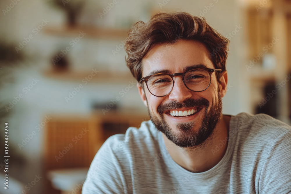 Smiling man with glasses in cozy cafe during afternoon Smiling man with glasses in cozy cafe during afternoon