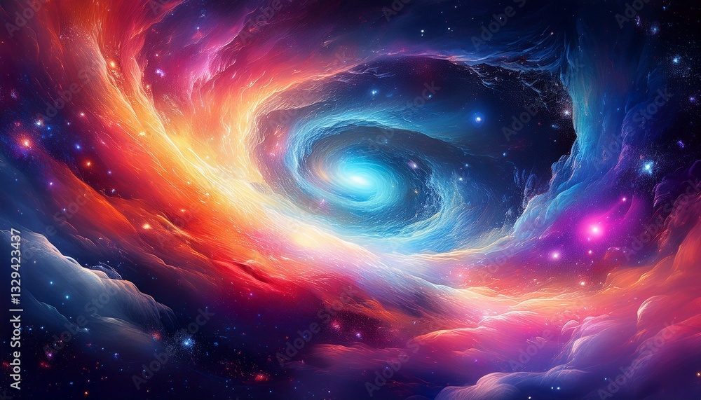 Vibrant galaxy swirls and colorful nebula clouds merge to create a mystical, cosmic atmosphere full of wonder and light