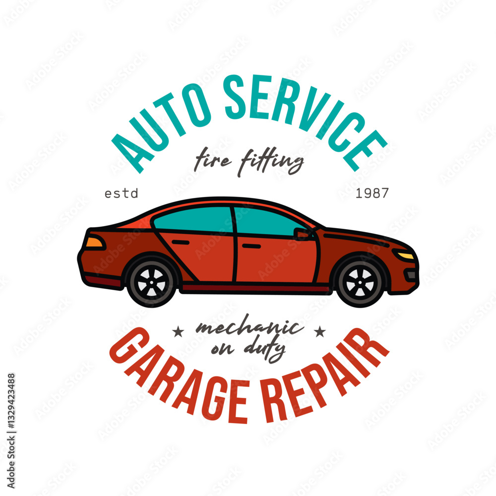 Fototapeta premium Car service emblem. Original vector illustration in vintage style. T-shirt design.