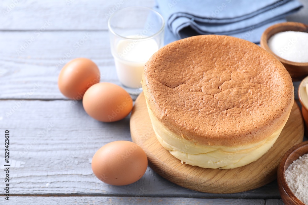 Tasty Japanese Castella sponge cake and ingredients on grey wooden table, closeup. Space for text