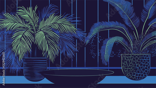 A digital illustration depicting two potted plants against a dark blue, vertically striped background.  The plants have stylized, predominantly teal and dark green leaves. The plants are situated