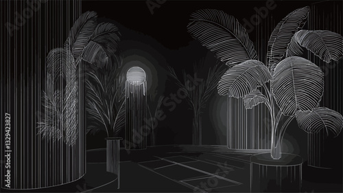 The image presents a stylized monochrome rendering of an architectural space. The scene is predominantly dark, with contrasting light emanating from a central streetlight.  The architecture