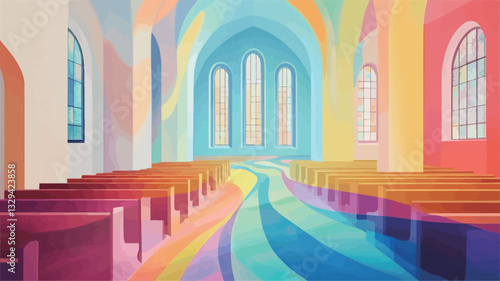 Digital illustration depicting the interior of a church. The scene is highly stylized with rainbow-colored walls, arches, and a path leading to the altar.  The pews are a muted reddish-pink. The
