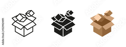 Open box icon. Cardboard container with unpacked items vector illustration. Packaging and delivery symbol. Logistics, storage and shipping concept. Parcel and warehouse organization pictogram.