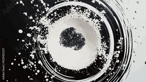 The image is a close-up shot of an abstract composition featuring a central, dark, roughly circular element surrounded by concentric white circles on a black background.  The circles are not