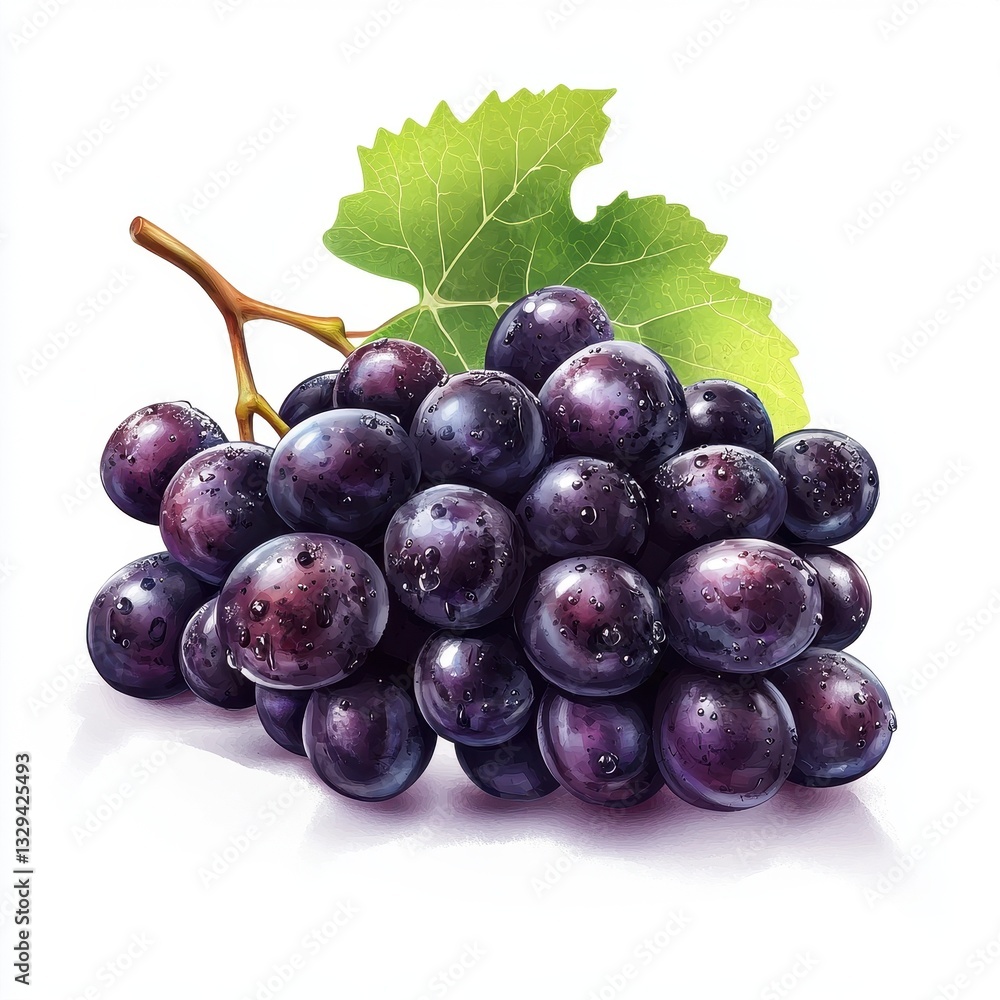 Fototapeta premium Ripe Red Grapes with Green Leaf on White Background