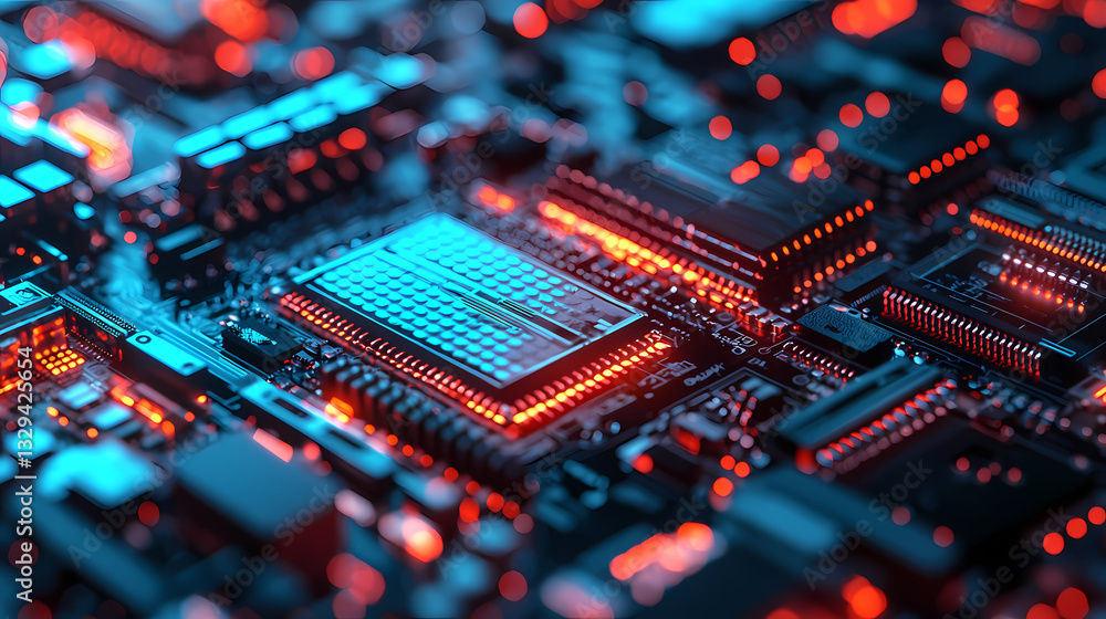 A close-up image of a circuit board with vibrant blue and red lights, showcasing intricate electronic components and connections. A close-up image of a circuit board with vibrant blue and red lights, showcasing intricate electronic components and connections.