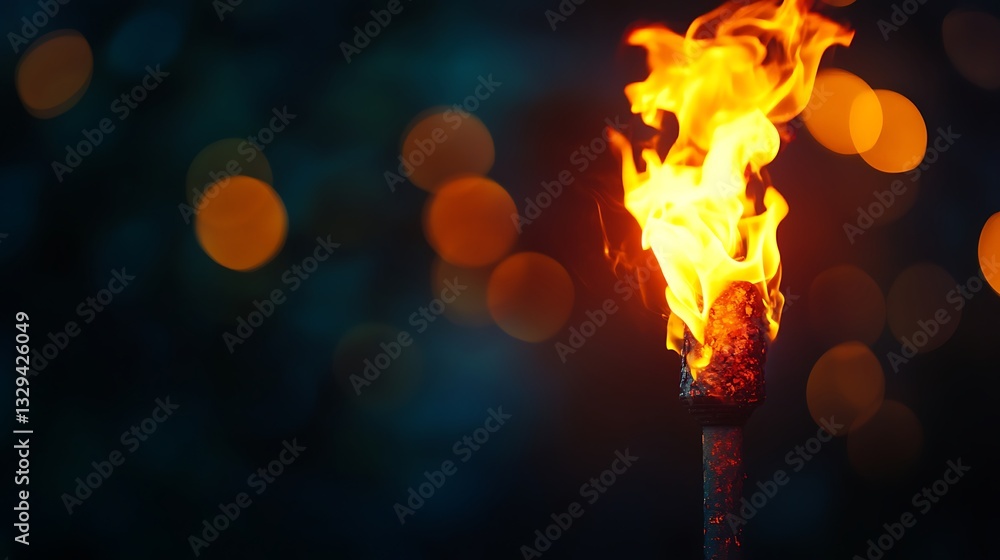 Burning torch with vibrant flames against a bokeh background. Burning torch with vibrant flames against a bokeh background.