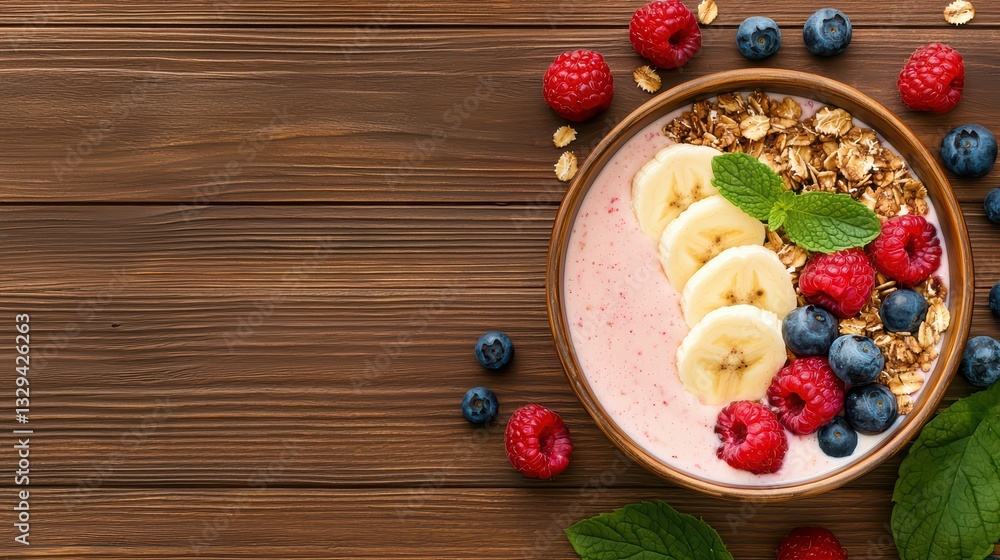 Colorful Smoothie Bowl with Fresh Fruits and Granola on Wooden Table for Healthy Eating Colorful Smoothie Bowl with Fresh Fruits and Granola on Wooden Table for Healthy Eating