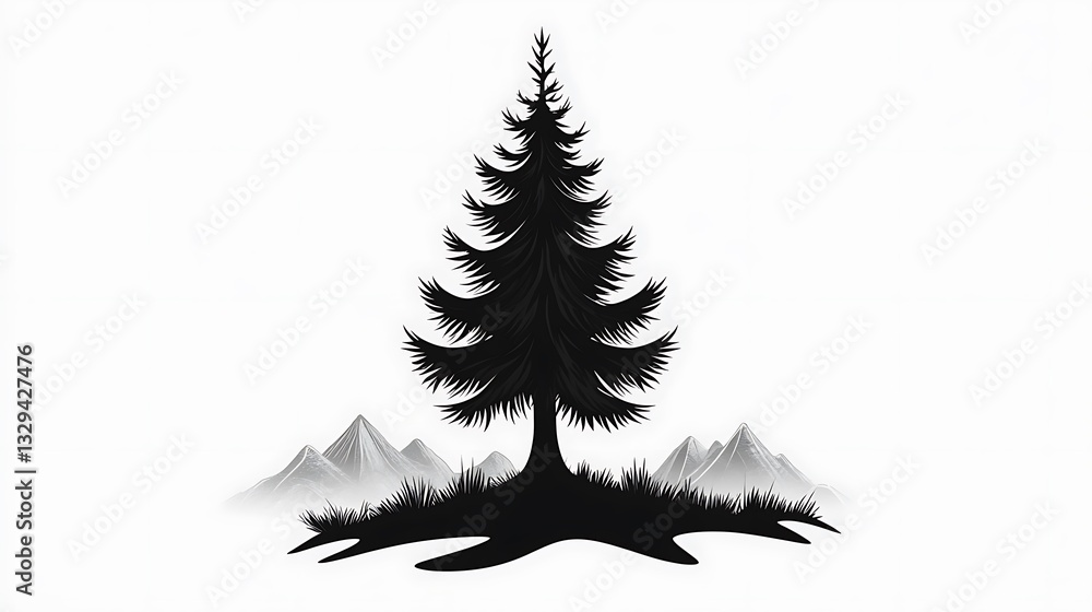 Obraz premium Silhouette of a Majestic Pine Tree Against Misty Mountain Peaks - Ink Illustration AI Generated