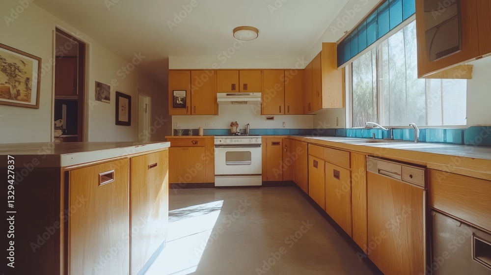 Mid-century modern kitchen, sunlight streaming in, spacious design, ideal for home d?cor Mid-century modern kitchen, sunlight streaming in, spacious design, ideal for home d?cor