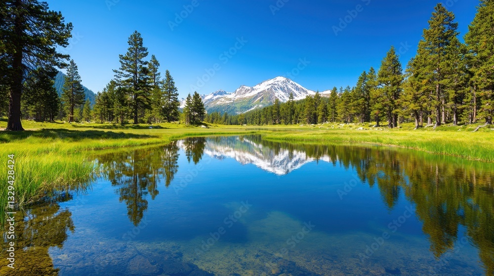 Serene mountain lake reflects the majestic peak and surrounding forest Serene mountain lake reflects the majestic peak and surrounding forest
