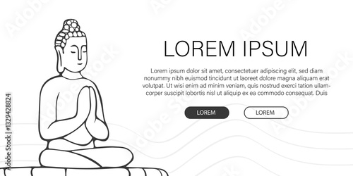 Asian Buddha in lotus position meditating in linear style on white background. Template, web banner for Buddha's birthday, Vesak holiday. Minimalistic poster relax spa advertising copyspace