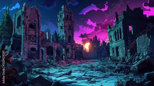 Cyberpunk sunset ruins city street; game background