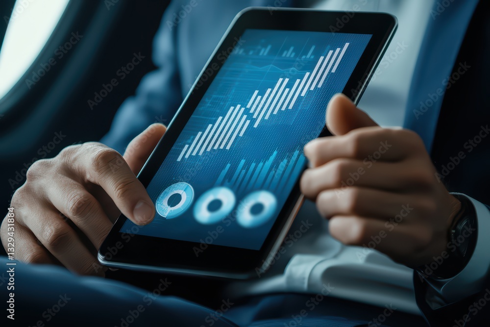 Professional Man Analyzing Growth Trends on Tablet in Modern Business Environment