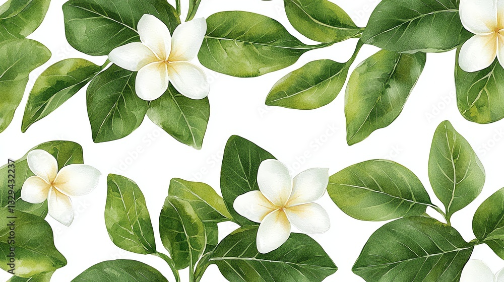 Obraz premium Watercolor Plumeria Flower Pattern with Lush Green Leaves on White